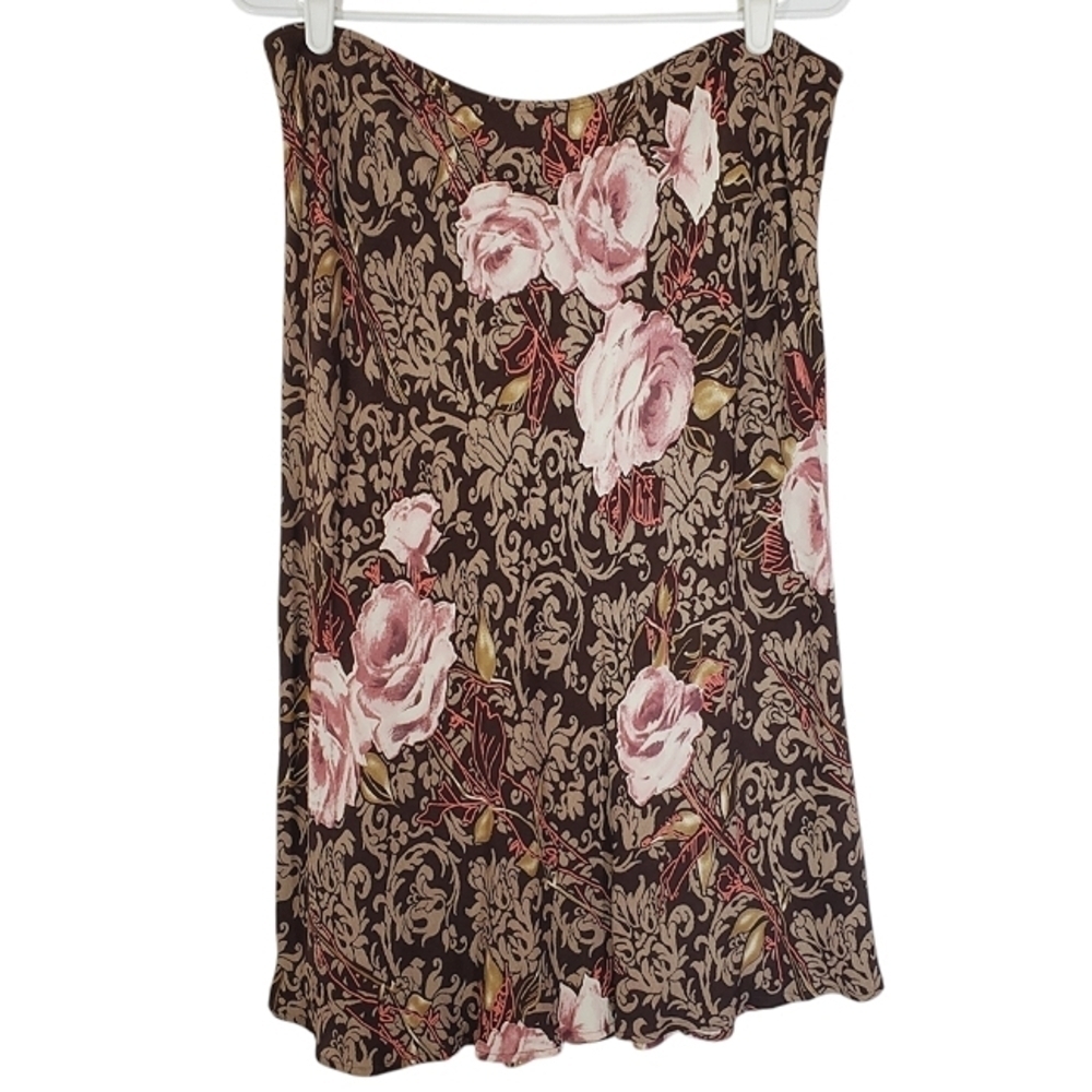 2003 * Amorosé Petite Floral Print Midi Skirt Brown Pink Size L Vintage 80s